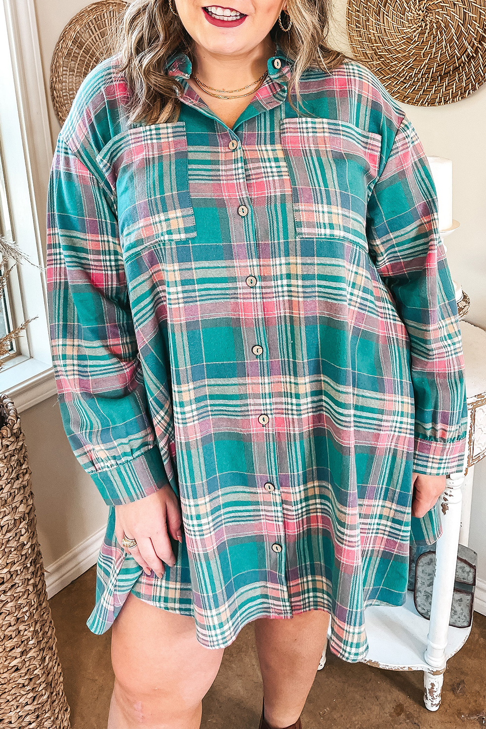 Casual Long Sleeve Shift Dress, Relaxed Plaid Button Front - Detail View 6