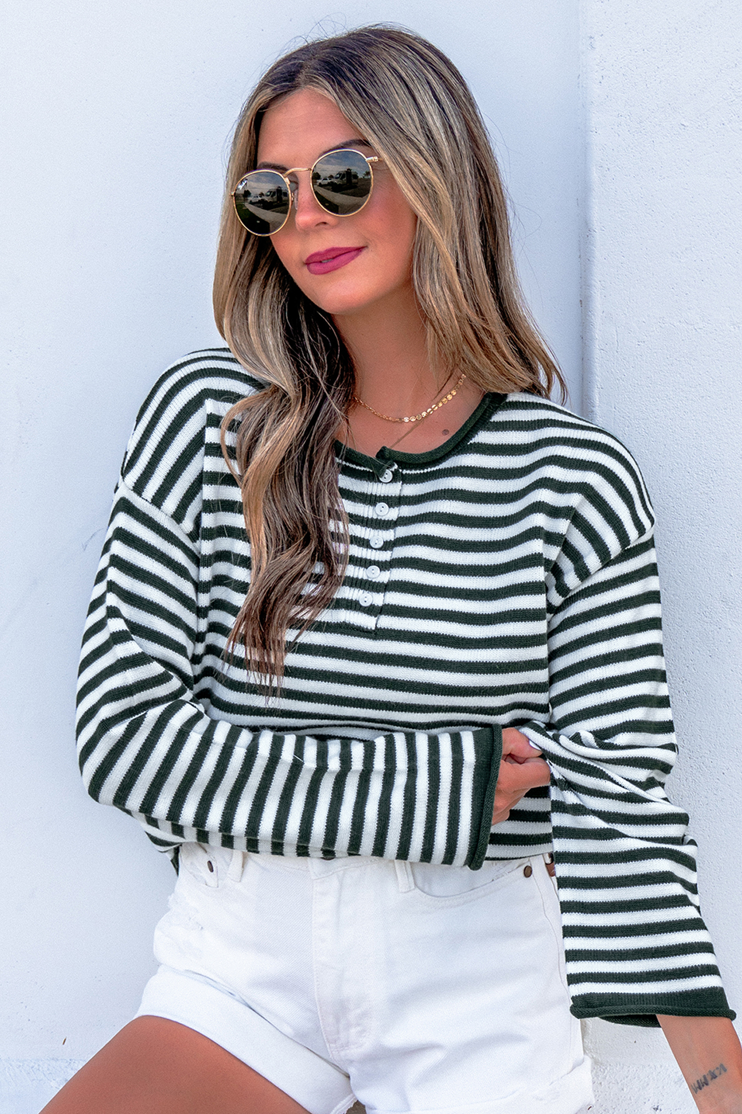 Viscose Blend Sweater, Warm Round Neck Striped Pullover - Detail View 3