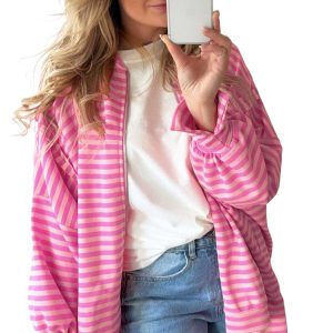 Women's Striped Zip Up Jacket, Casual Puff Sleeve Sweatshirt - Main View