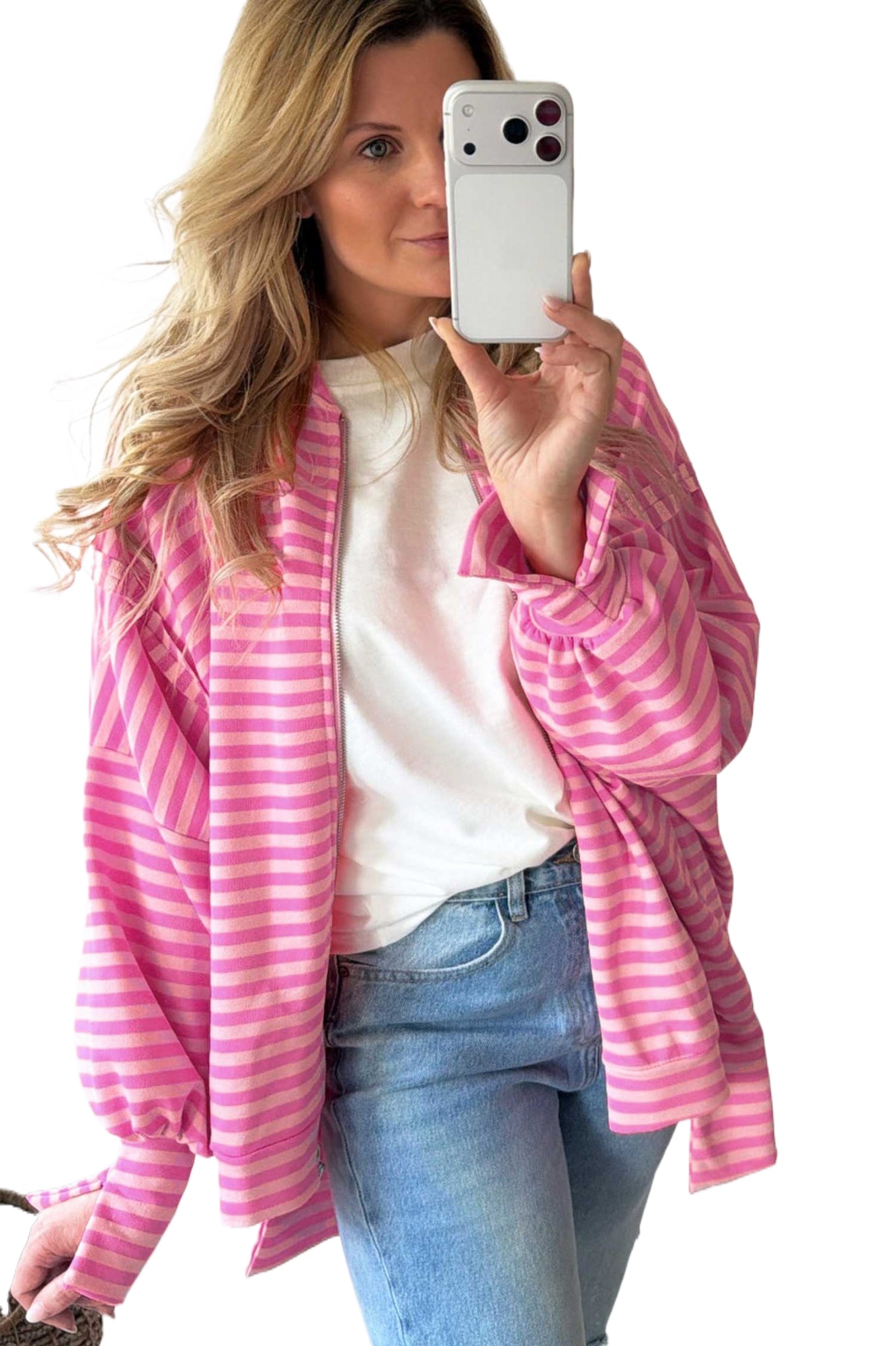 Women's Striped Zip Up Jacket, Casual Puff Sleeve Sweatshirt - Main View