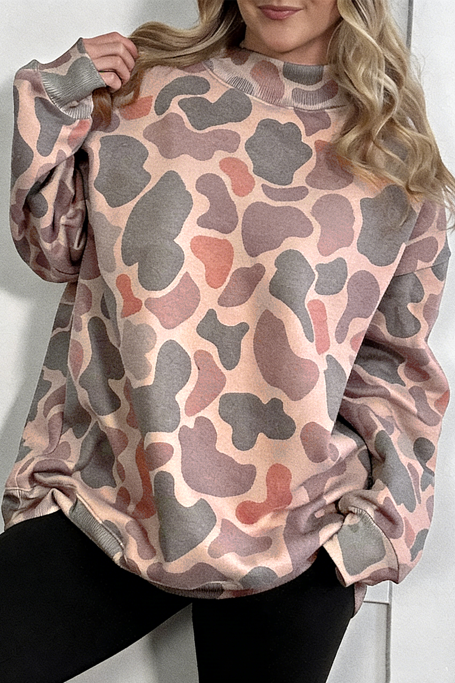Women's Multicolor Camo Sweatshirt, Trendy Casual Pullover - Detail View 2
