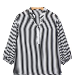 Women's Striped Button Up, Casual Half Sleeve Shirt - Main View