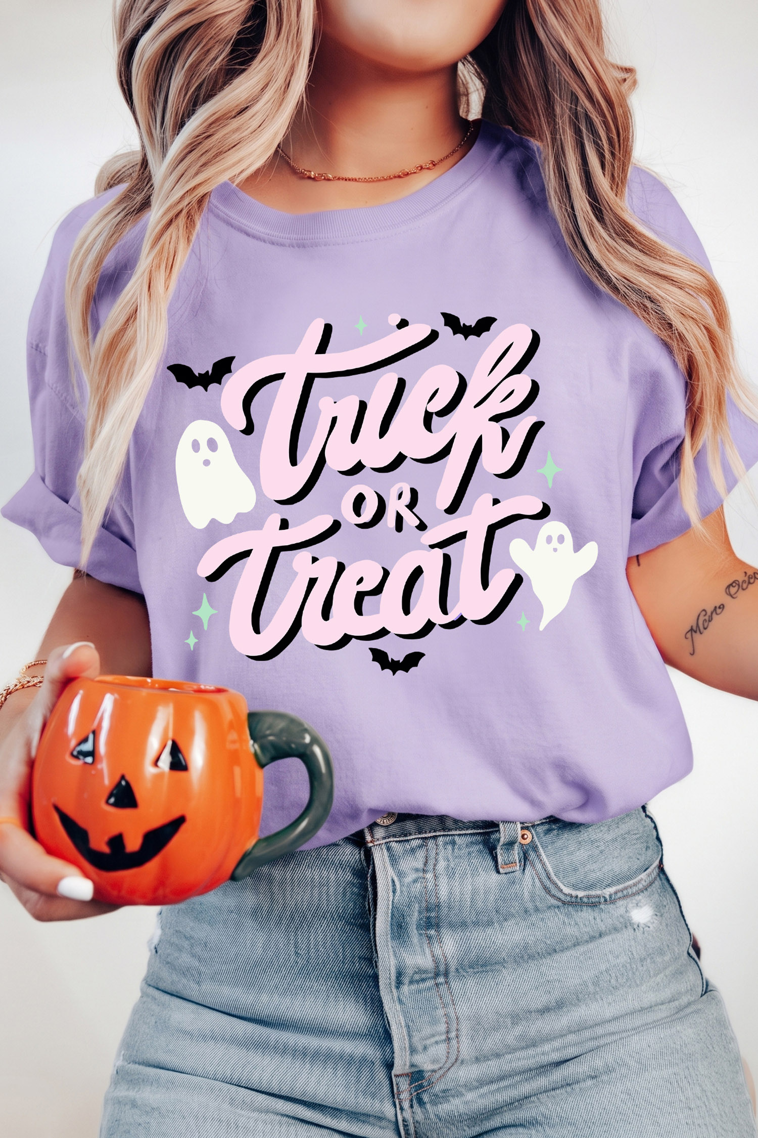 Graphic Halloween Tee, Orchid Petal Casual Short Sleeve Shirt - Detail View 2