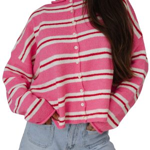 Women's Pink Striped Cardigan, Casual Button Down Knit Top - Main View