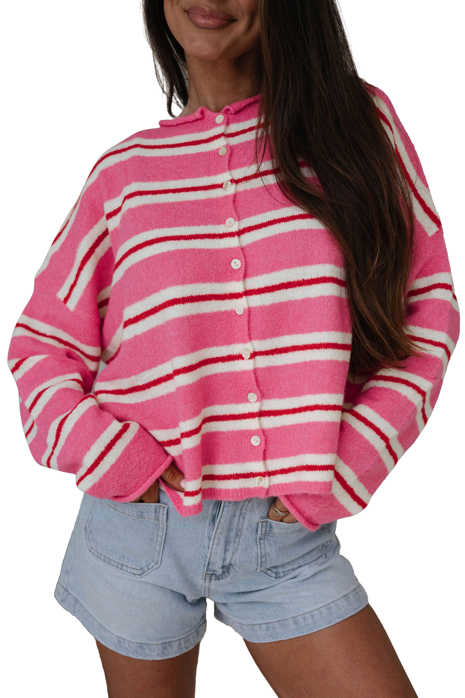 Women's Pink Striped Cardigan, Casual Button Down Knit Top - Main View