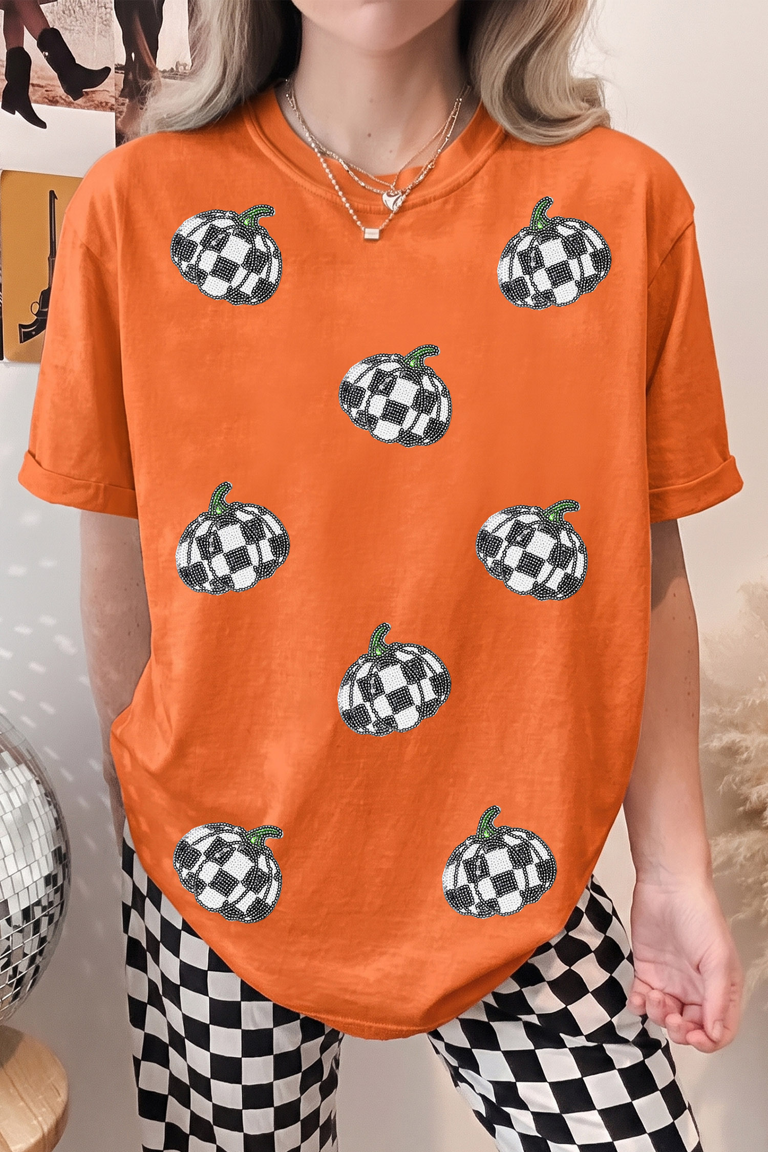 Women's Plaid Pumpkin T-Shirt, Sequin Detail Autumn Top - Detail View 2
