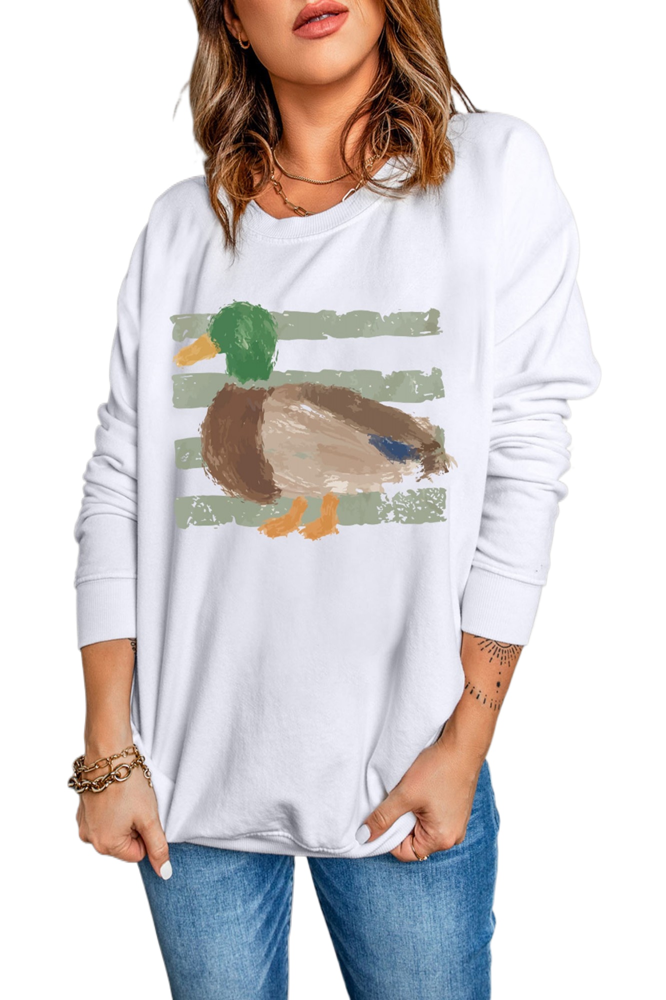 Women's Duck Graphic Sweatshirt, Western Style Crewneck - Main View