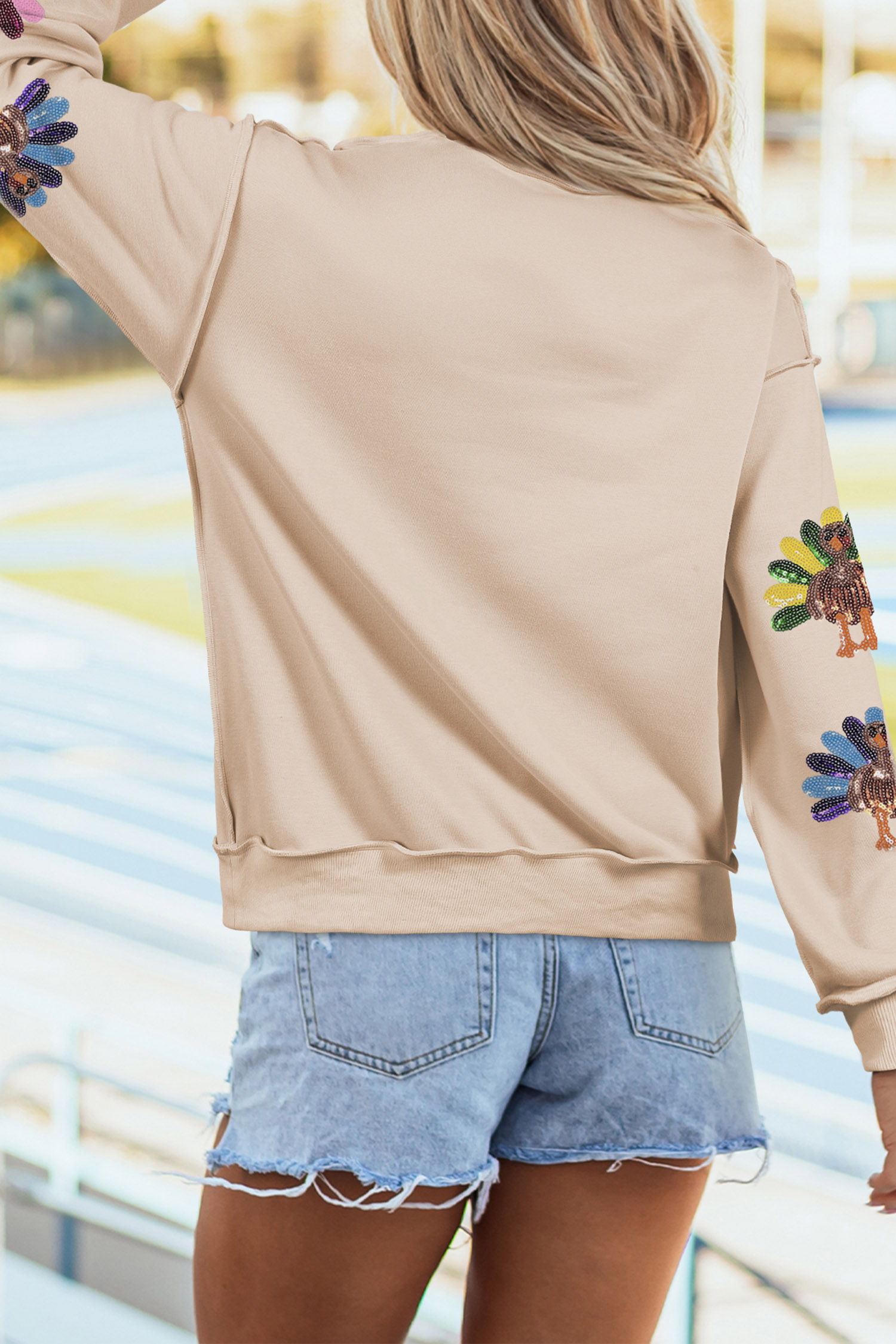 Sequined Turkey Autumn Sweatshirt, Casual Mock Neck Pullover - Detail View 5