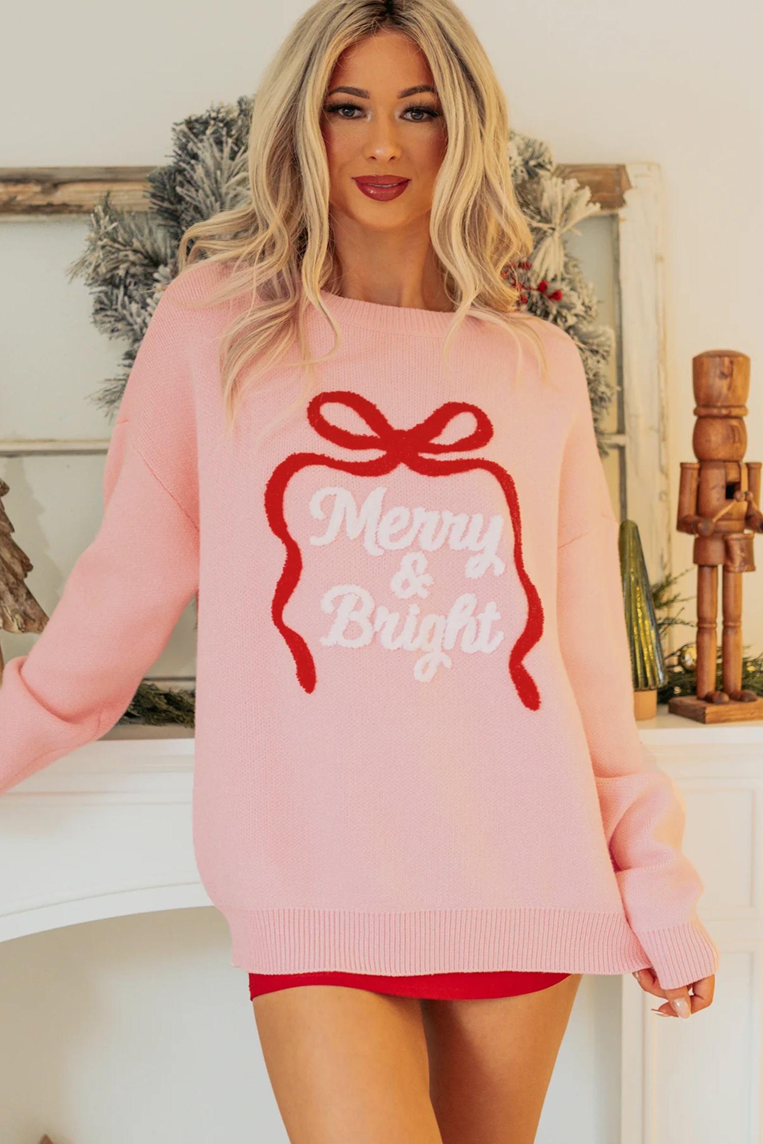 Pink Christmas Graphic Sweater, Cozy Drop Shoulder Pullover - Detail View 5