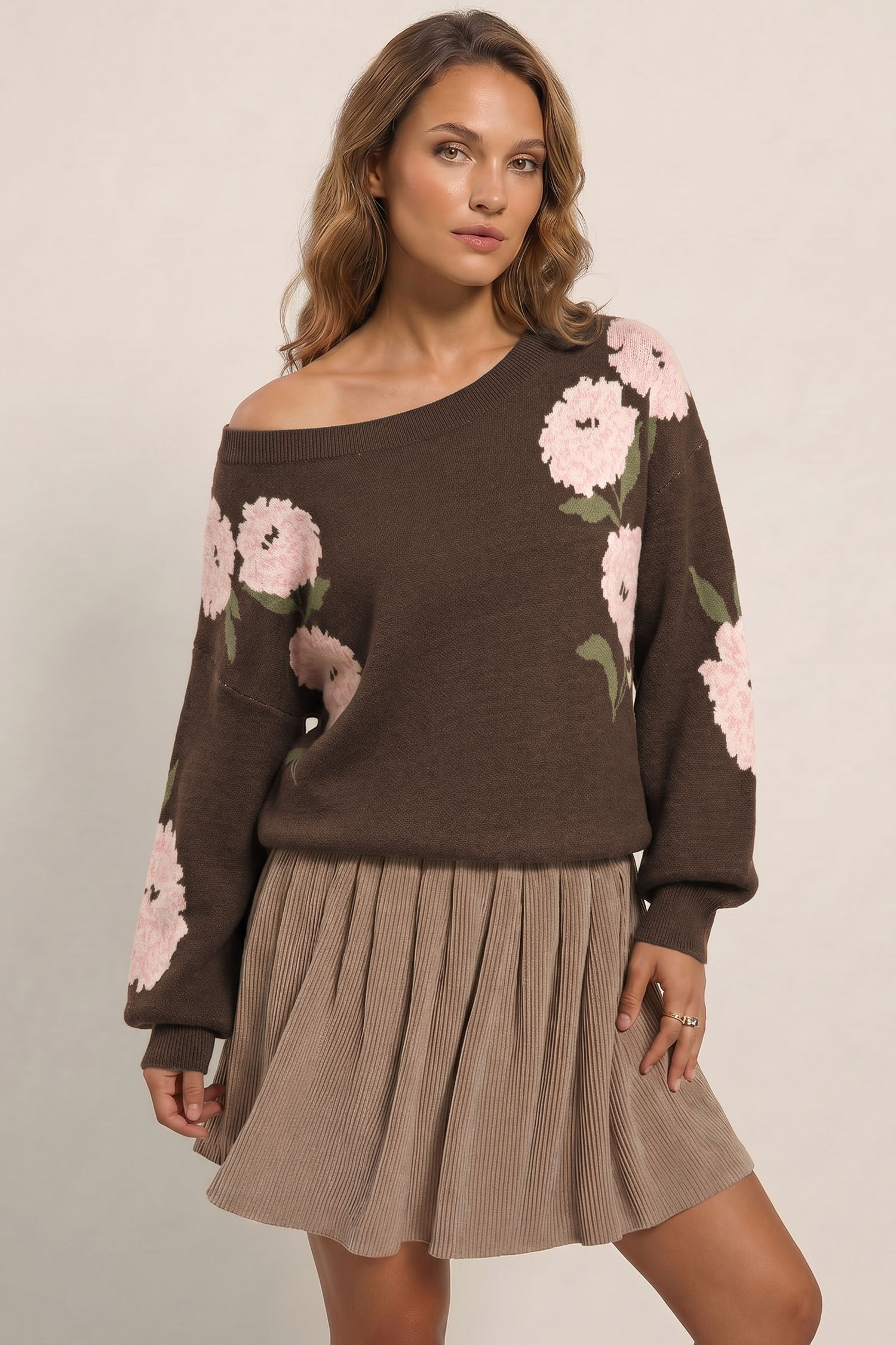 Casual Floral Knit Top, Comfortable Off The Shoulder Sweater - Detail View 15