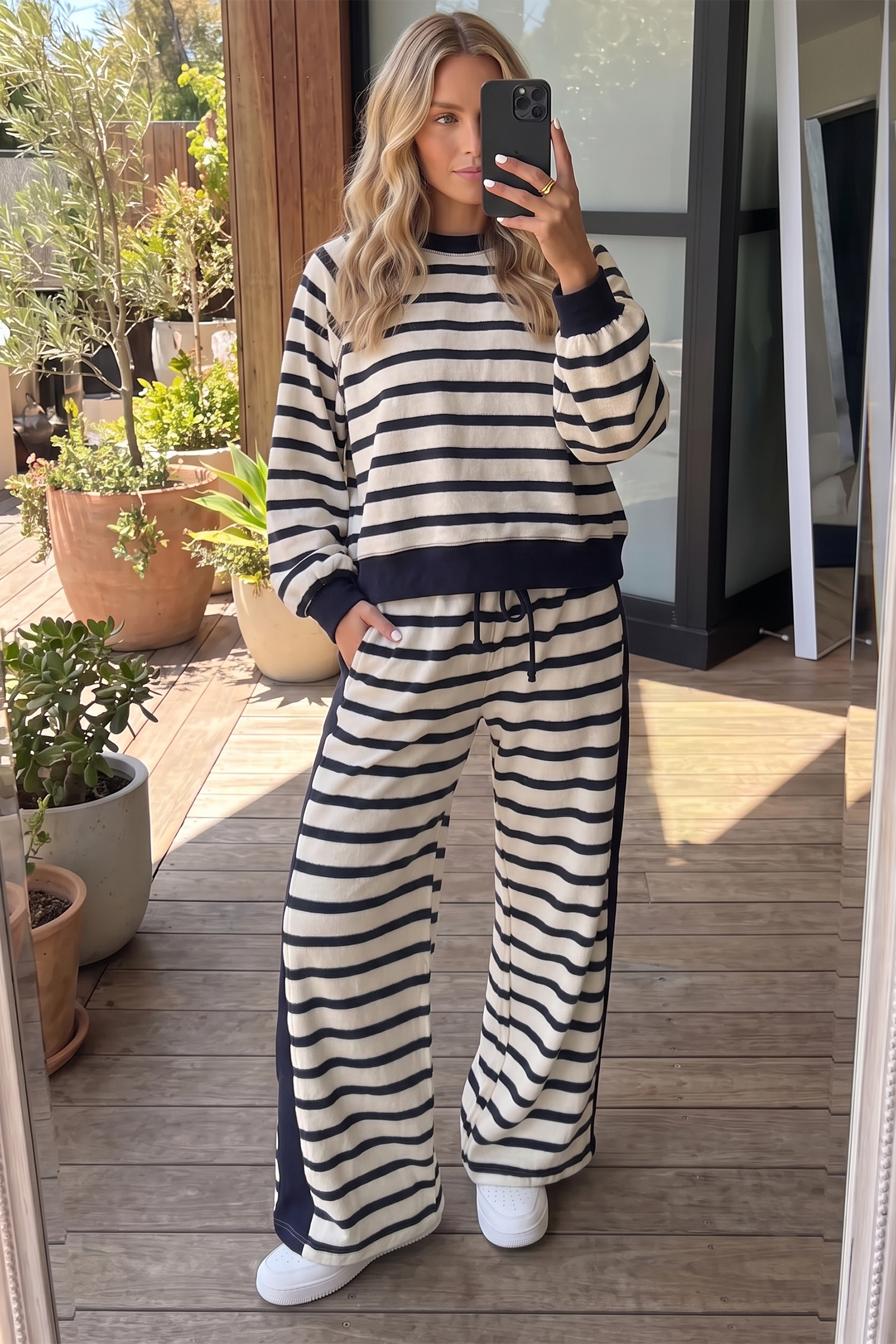 Cozy Knit Striped Pant Set, Soft Wide Leg Lounge Set Women - Detail View 3