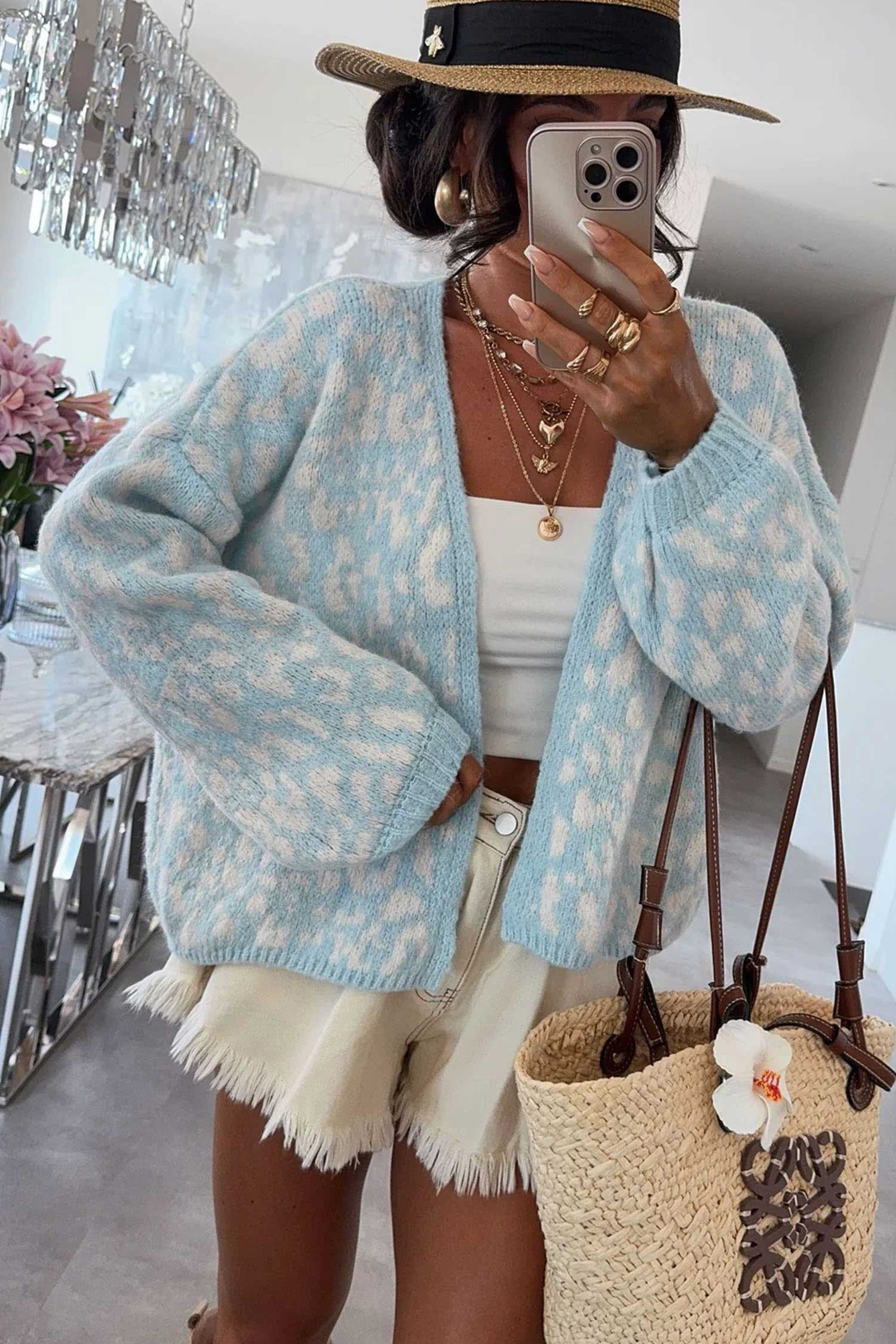 Blue Leopard Print Cardigan, Trendy V Neck Autumn Sweater - Detail View 5