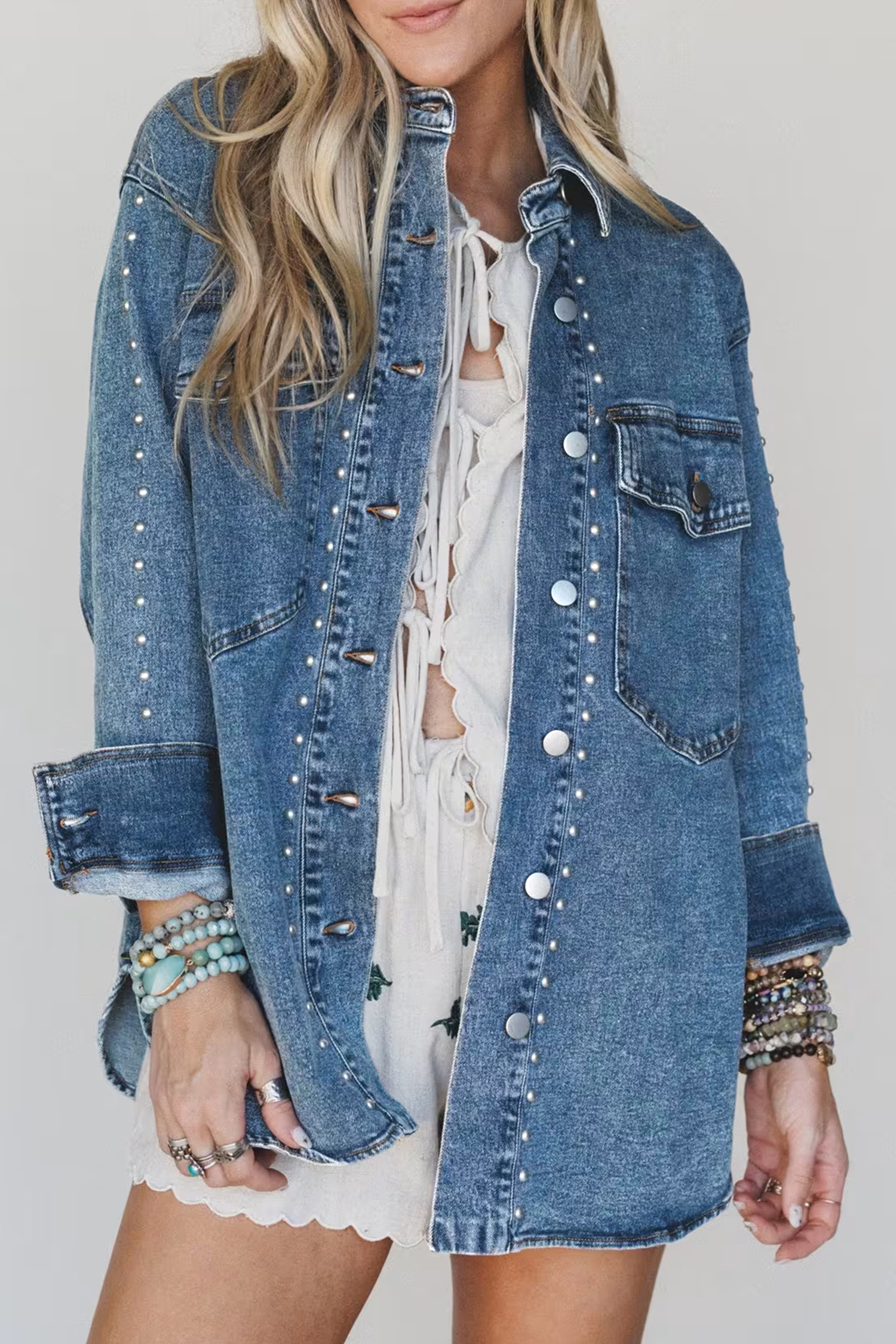 Sail Blue Denim Shirt Jacket, Studded Casual Autumn Outerwear - Detail View 3
