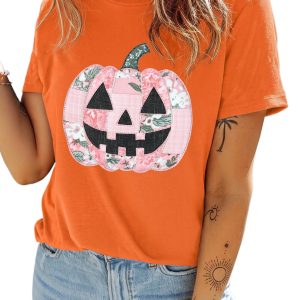 Orange Pumpkin Tee, Casual Short Sleeve Shirt for Women - Main View