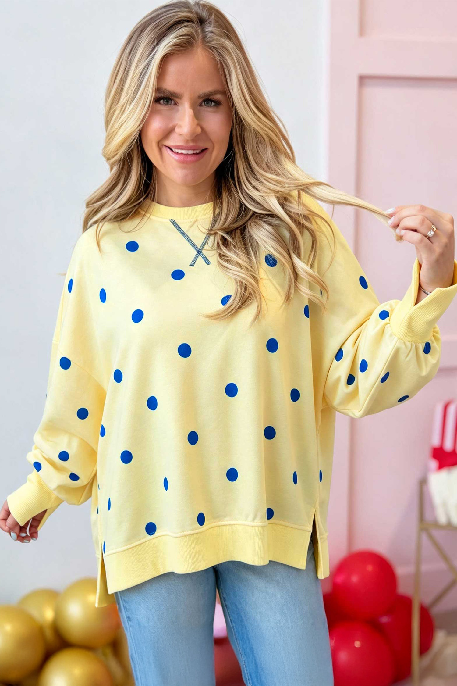 Women's Oversized Pullover, Relaxed Fit Polka Dot Daily Top - Detail View 3