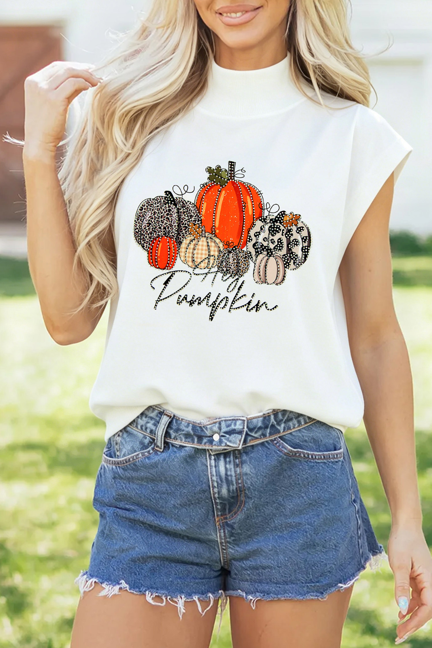 Stylish Pumpkin Print Shirt, Women's Rhinestone Detail Top - Detail View 3