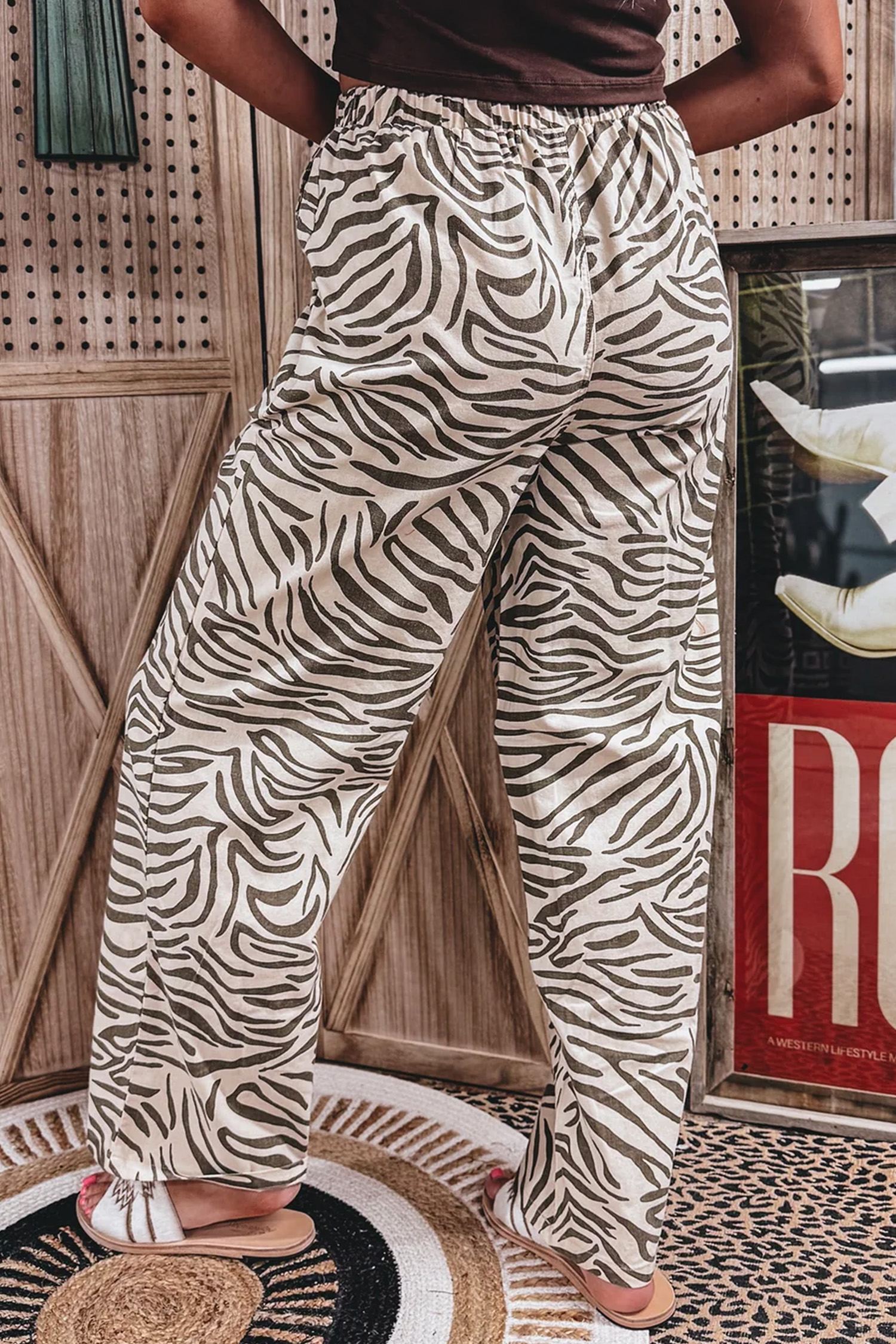 Casual Zebra Pattern Pants, High Waist Elastic Comfort Fit - Detail View 5