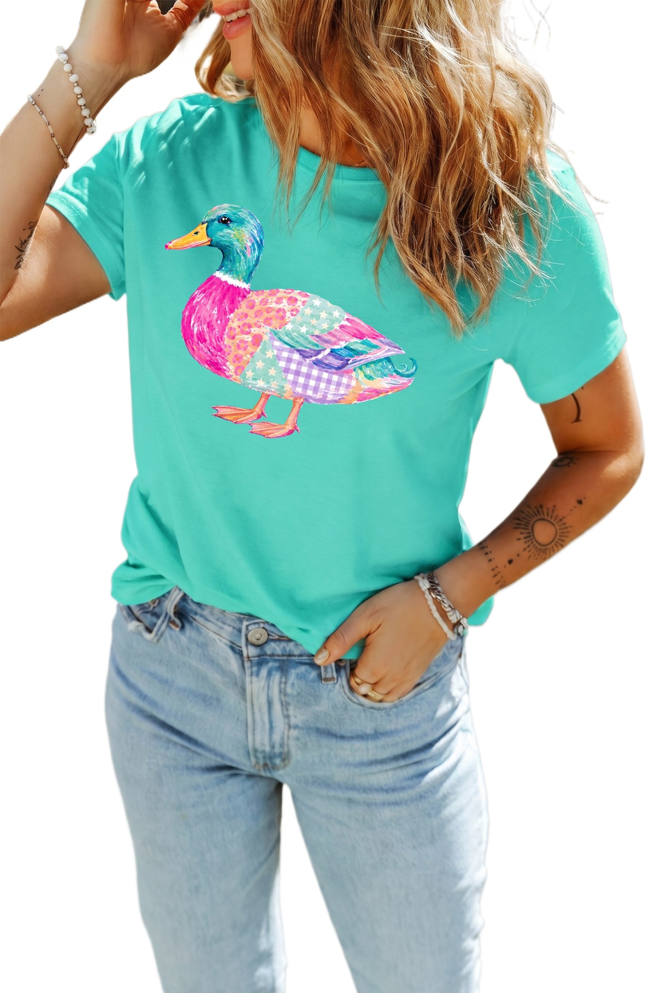 Women's Mallard Duck T Shirt, Mint Green Western Graphic Tee - Main View