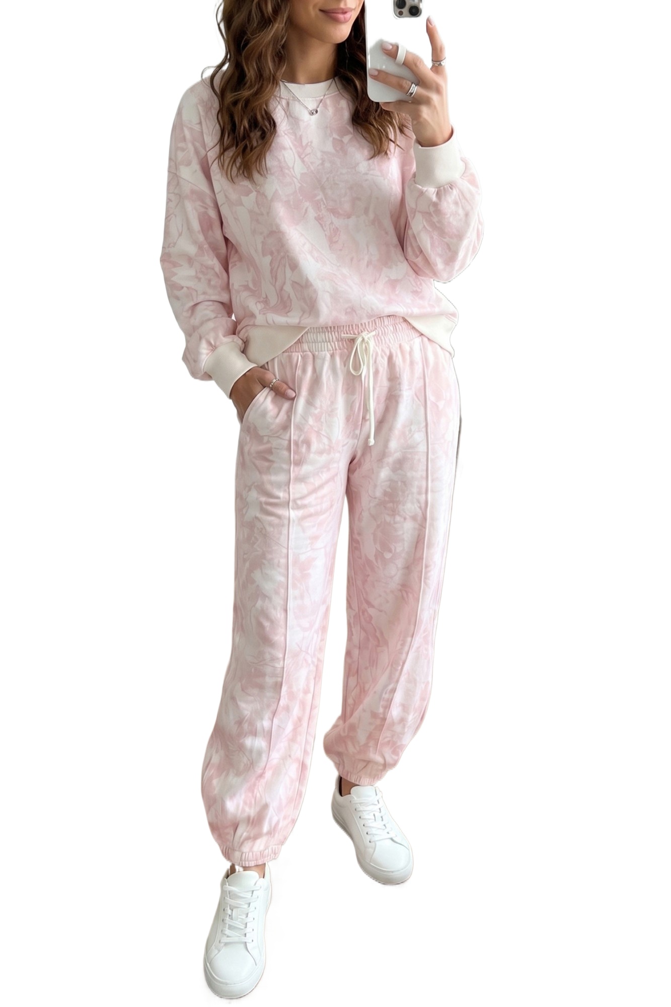 Women's Abstract Print Jogger Set, Casual Long Sleeve Loungewear - Main View