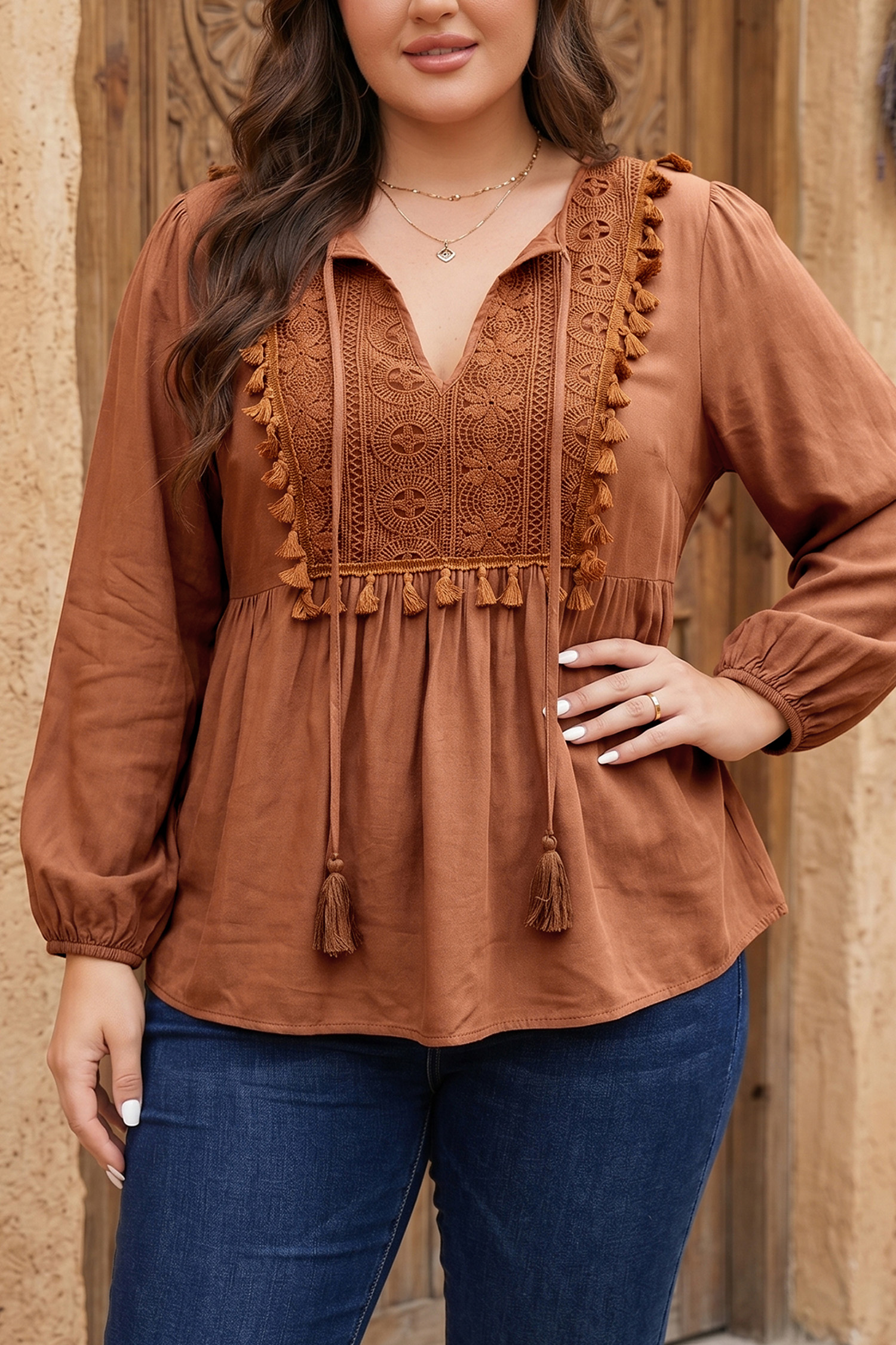 Women's Boho V Neck Blouse, Long Sleeve Embroidered Tunic - Detail View 2