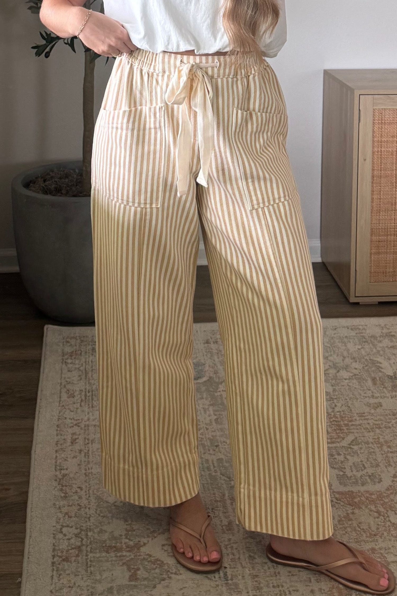 Women's Apricot Stripe Pants, Relaxed Wide Leg Trousers - Detail View 2