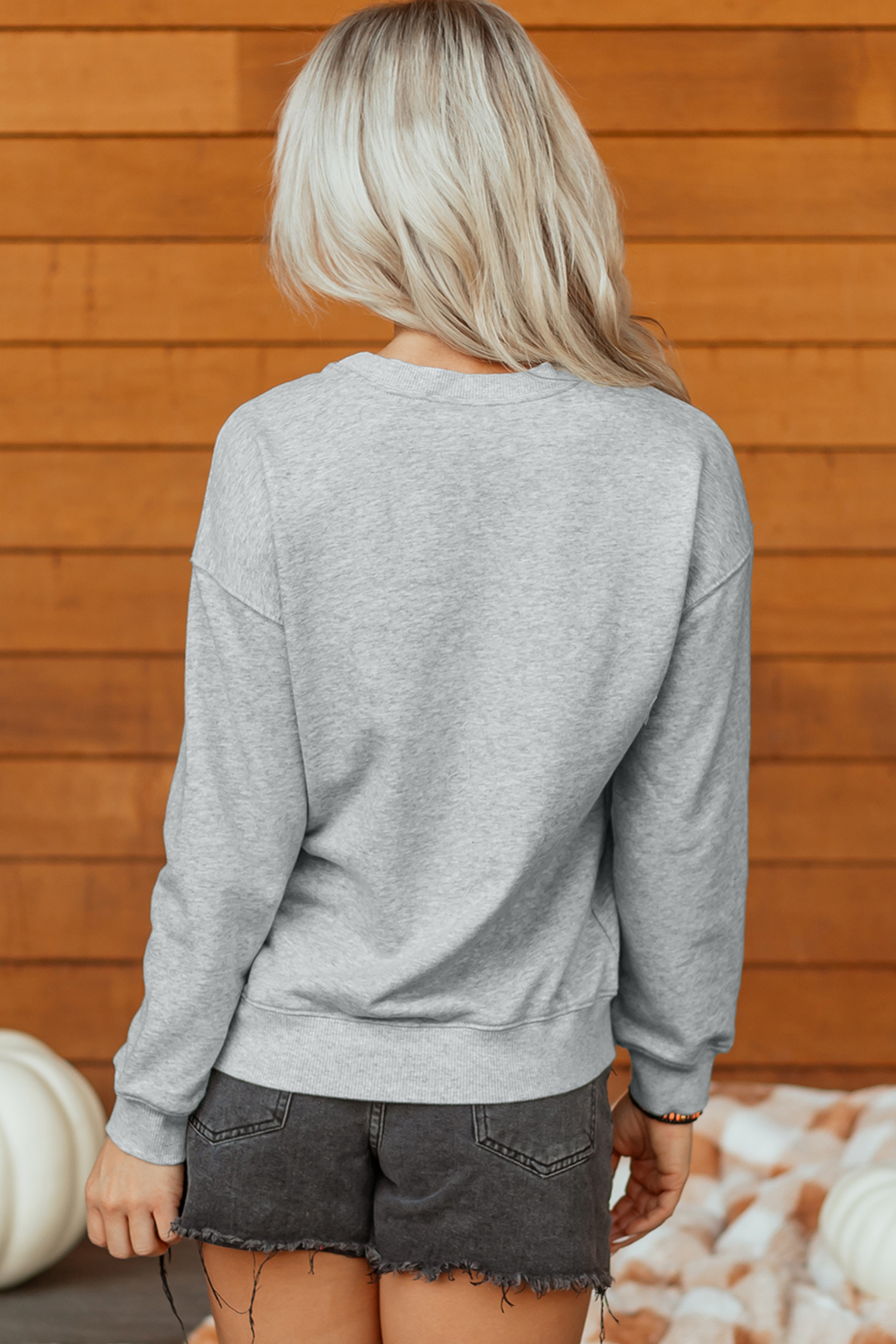 Gray Fall Graphic Sweatshirt, Embroidered Hello Pumpkin Top - Detail View 5