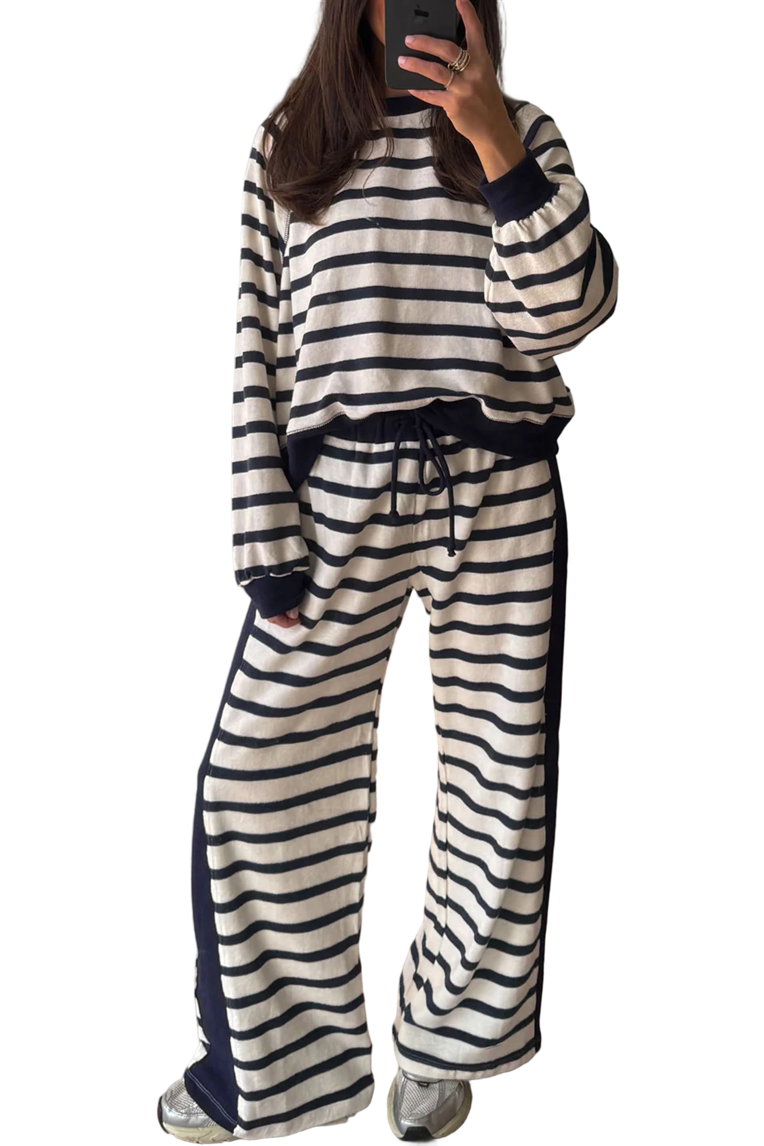 Casual Striped Lounge Set, Cozy Long Sleeve Women Tracksuit - Main View