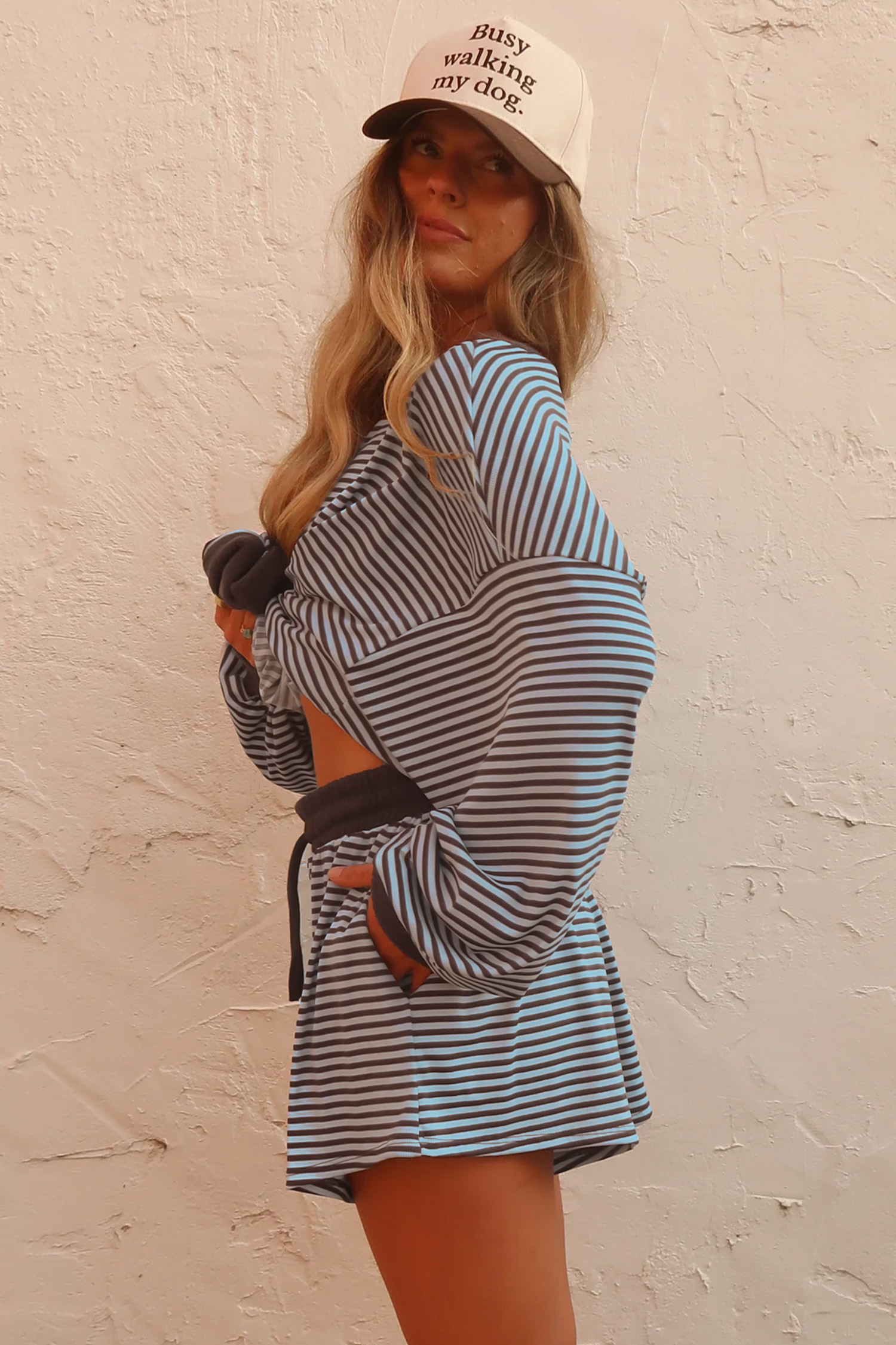 Women's Casual Stripe Outfit, Cozy Oversized Top Drawstring - Detail View 3