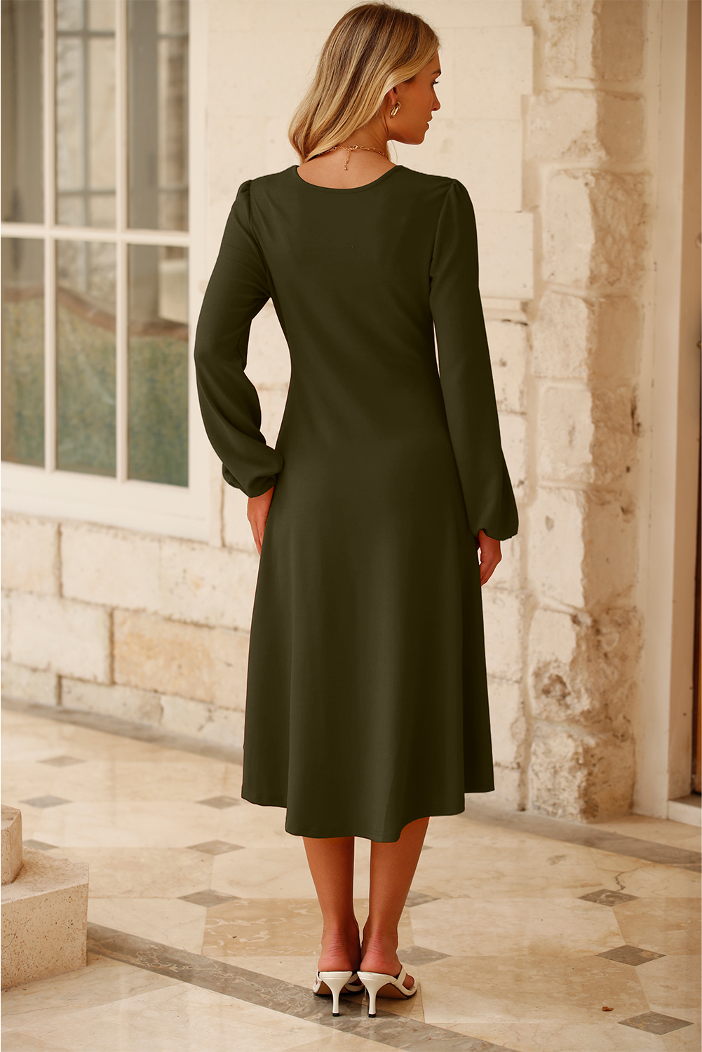 Ruched Long Sleeve Midi Dress, Womens Solid Color - Detail View 2