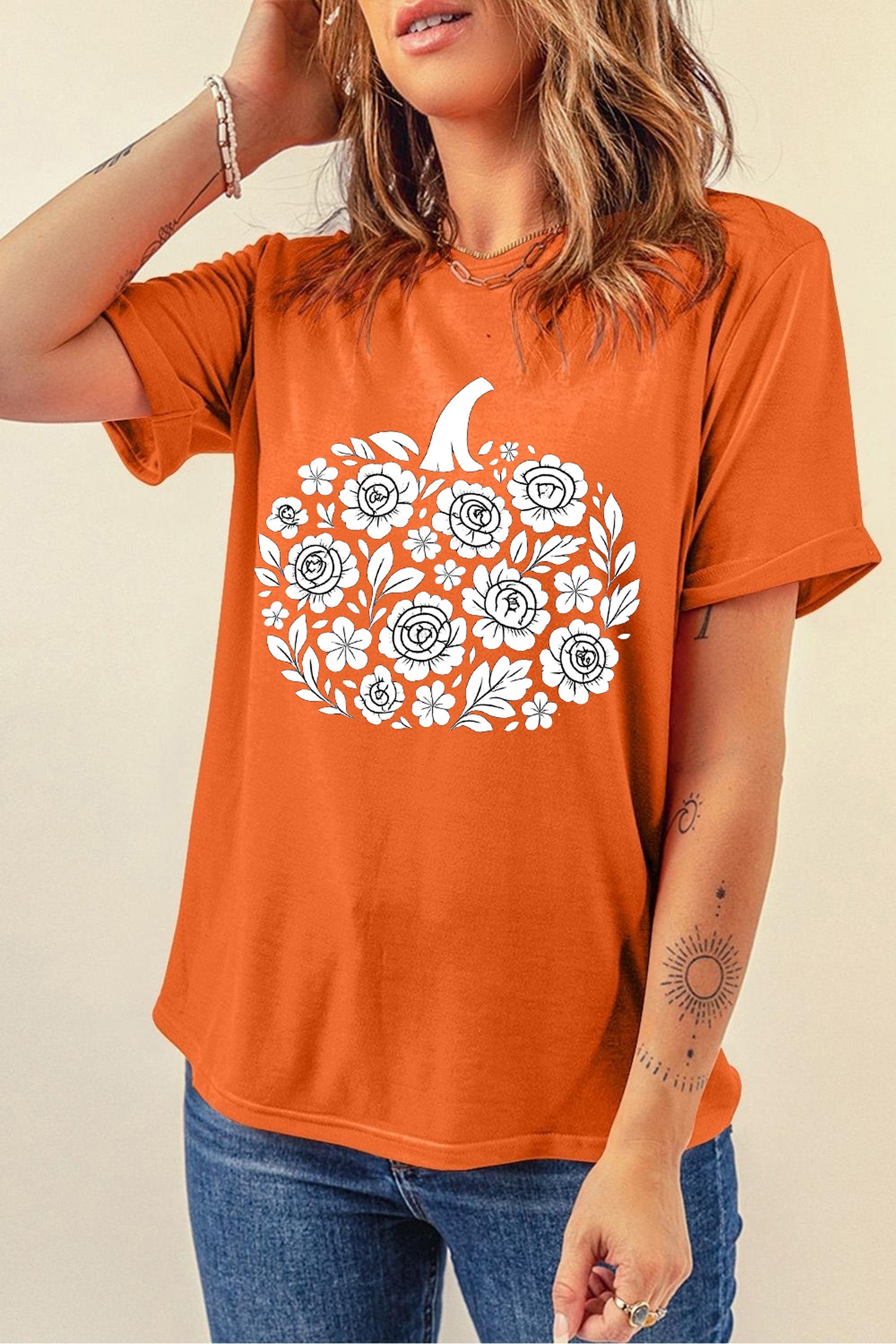 Orange Floral Graphic Shirt, Women's Soft Round Neck Casual - Detail View 6