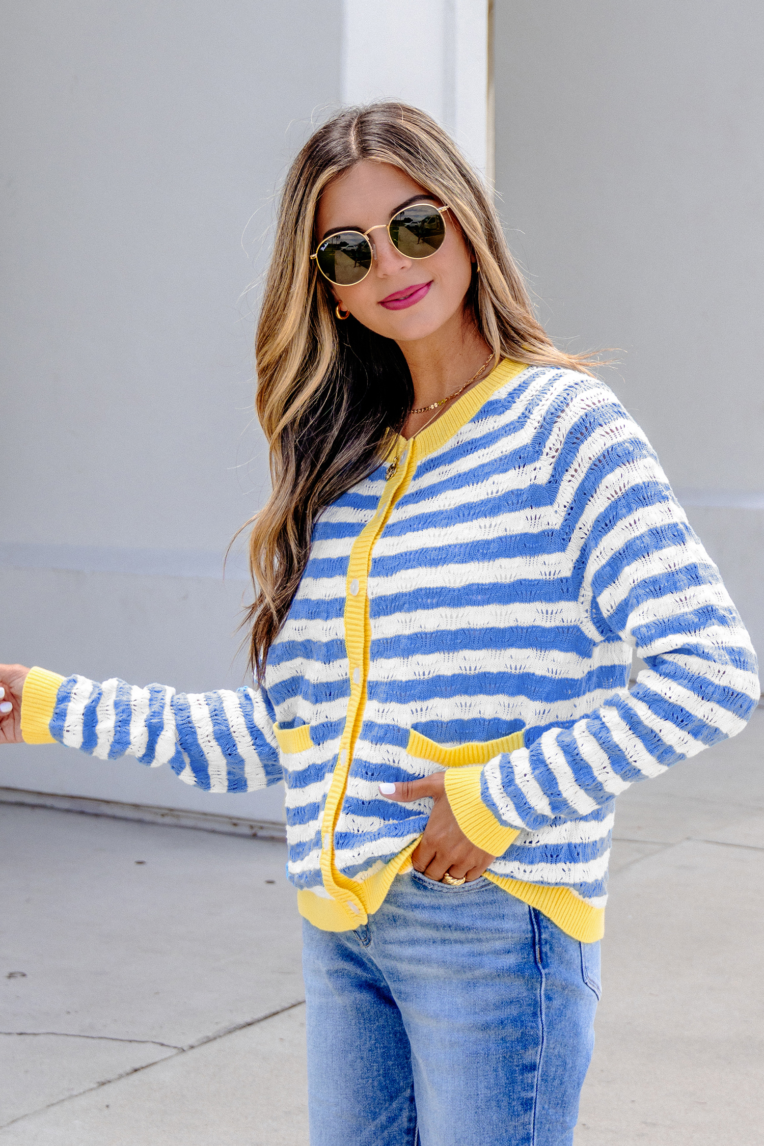 Autumn Striped Knit Cardigan, Casual Button Down Sweater - Detail View 3