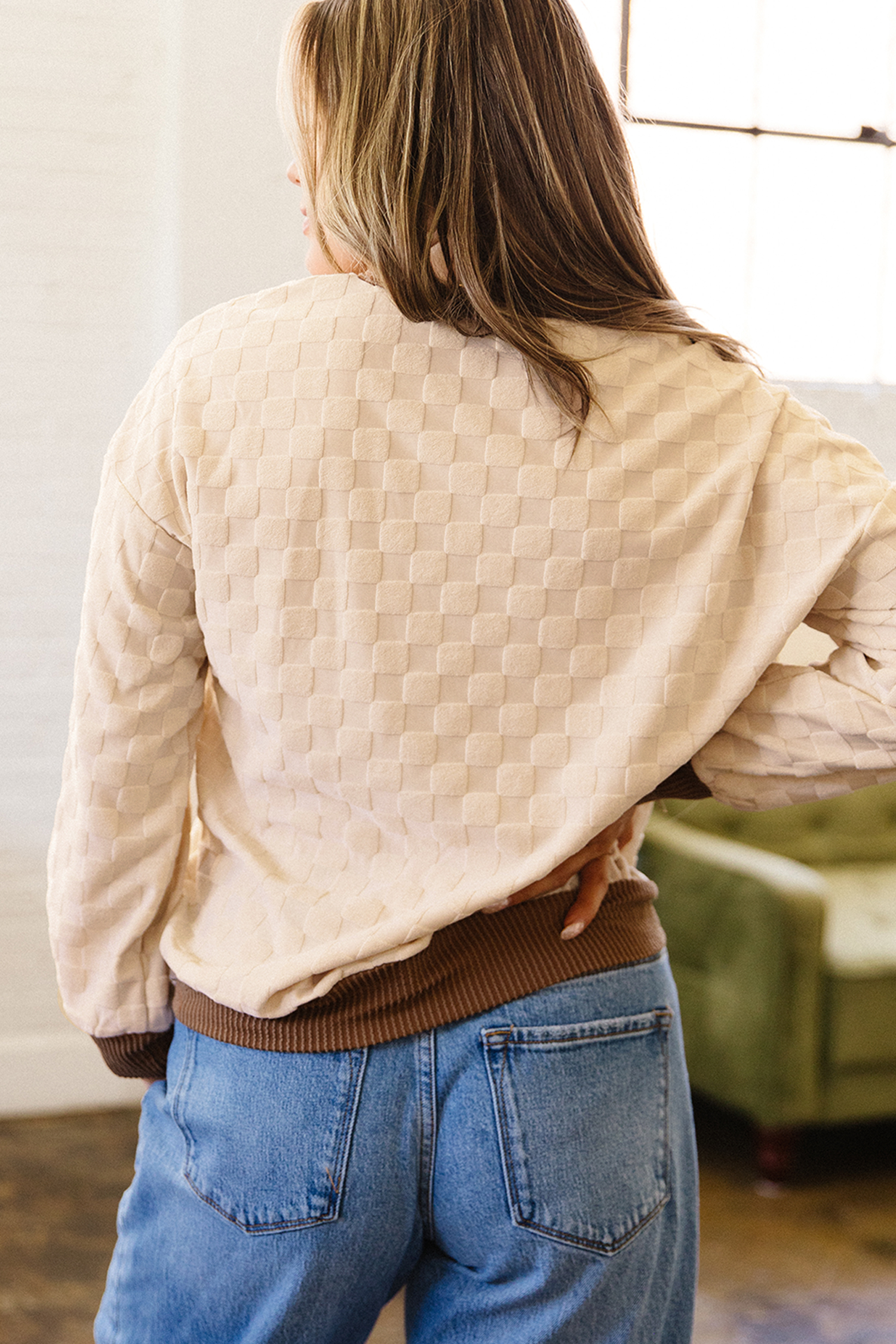 Textured Checkered Sweater, Contrast Trim Round Neck Top - Detail View 2
