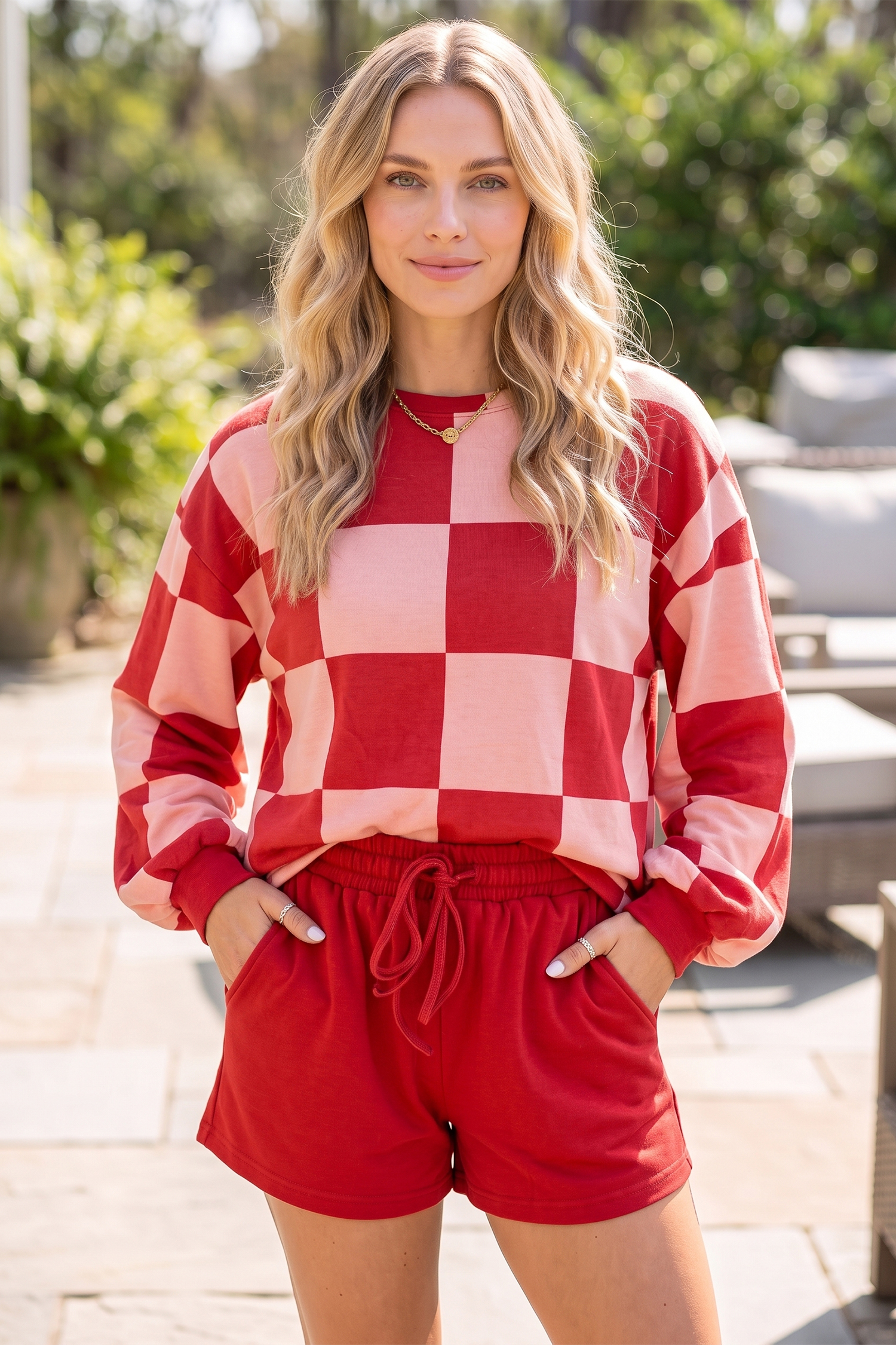 Red Plaid Lounge Set, Casual Long Sleeve Top With Shorts - Detail View 2