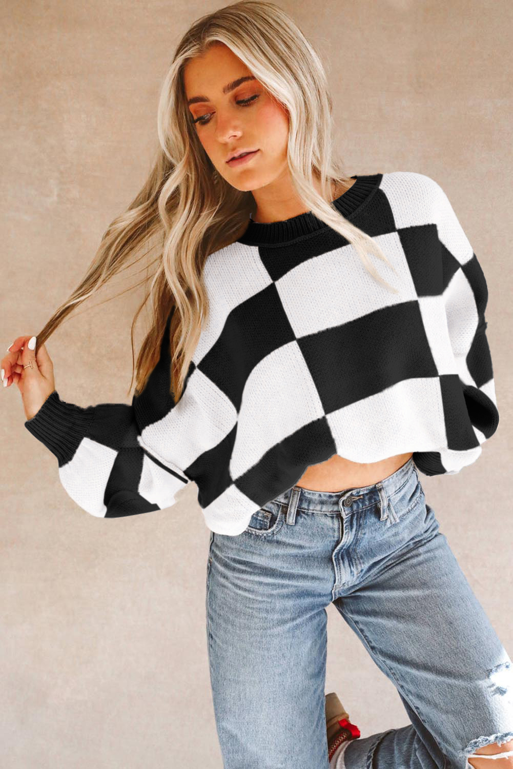 Oversized Plaid Knit Top, Cozy Long Sleeve Autumn Sweater - Detail View 3