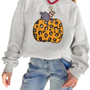 Women's Leopard Pumpkin Sweatshirt, Casual Fall Mock Neck Top - Main View