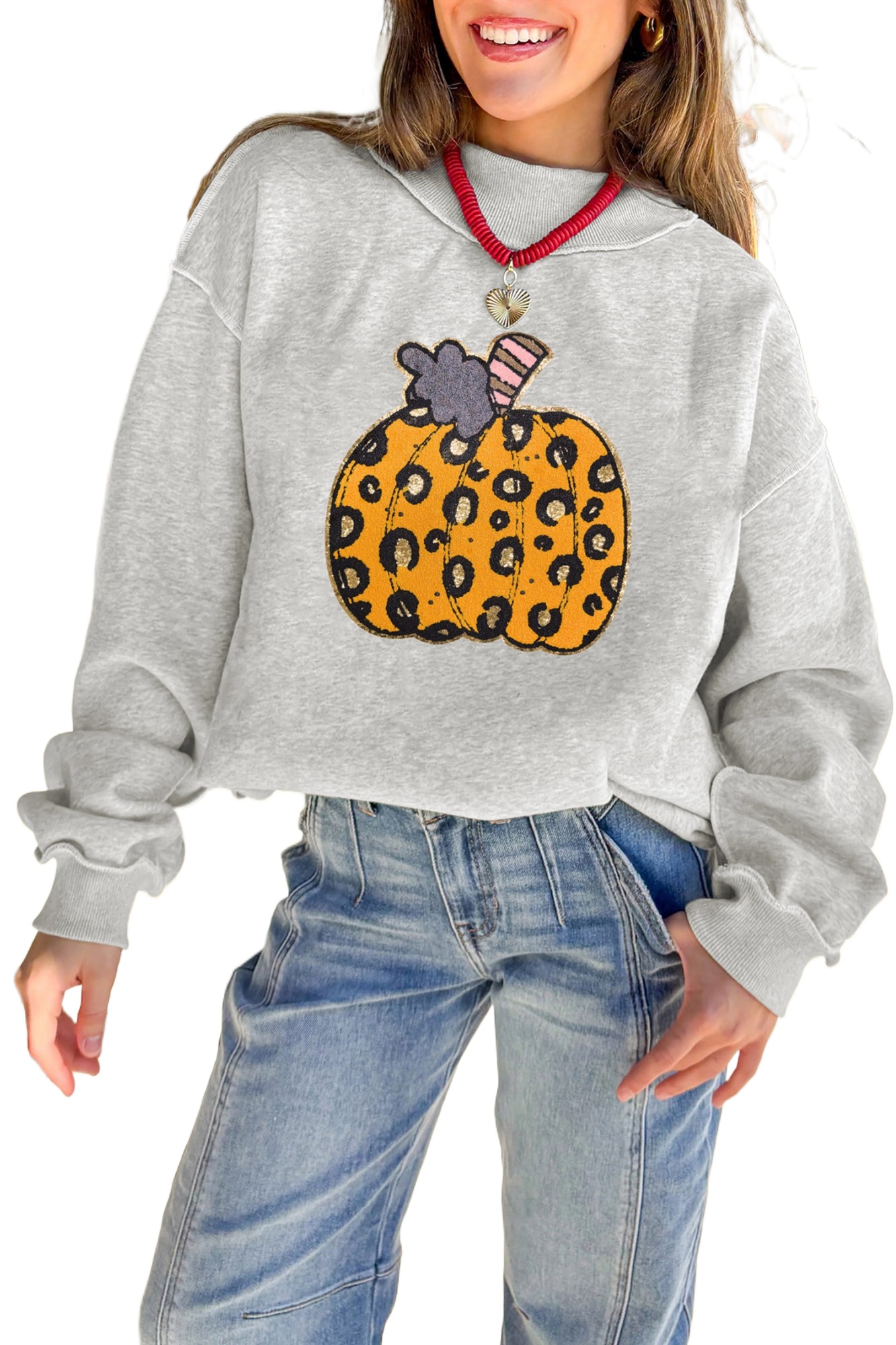 Women's Leopard Pumpkin Sweatshirt, Casual Fall Mock Neck Top - Main View