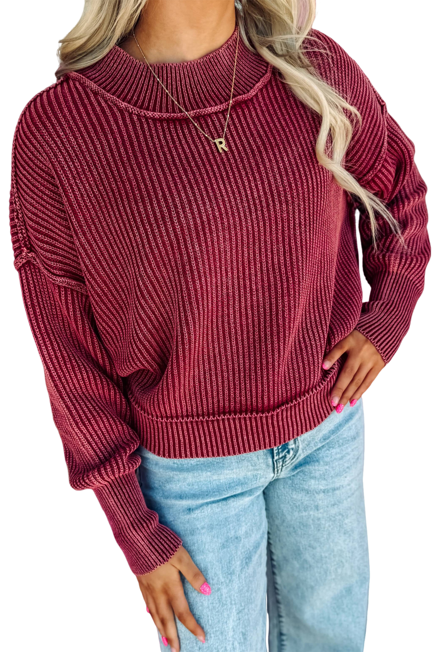 Women's Ribbed Cotton Knit Sweater, Casual Daily Wear - Main View