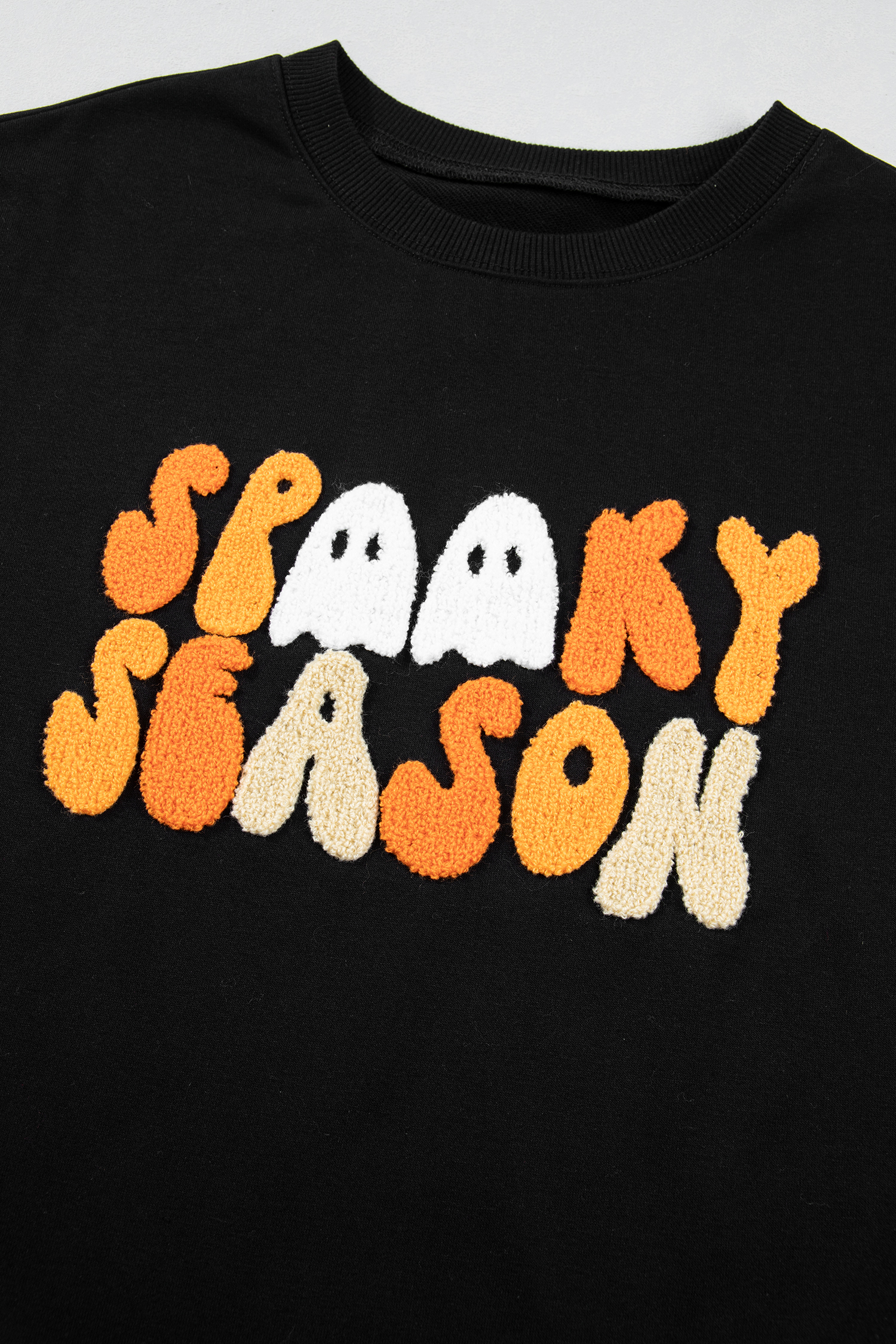 Women's Spooky Season Sweatshirt, Embroidered Black Pullover - Detail View 7