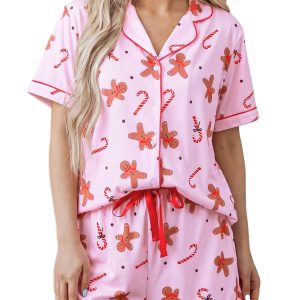Women's Christmas Lounge Set, Pink Gingerbread Short Pajamas - Main View