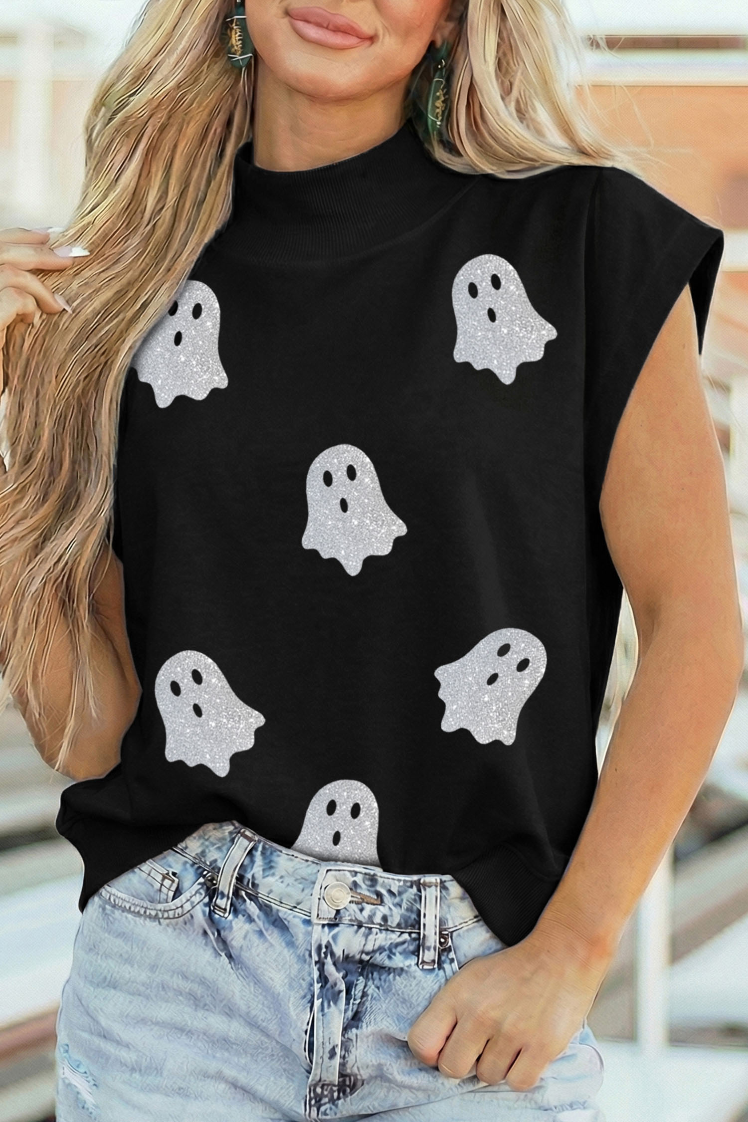 Women's Halloween Ghost Top, Glitter Print Mock Neck Tee - Detail View 10