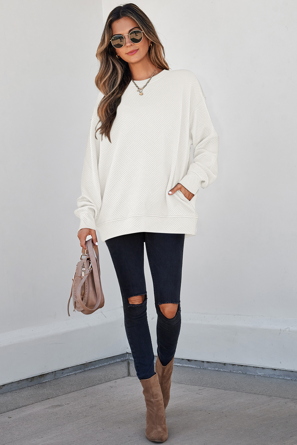 Solid White Women's Pullover, Textured Fall Crewneck - Detail View 5