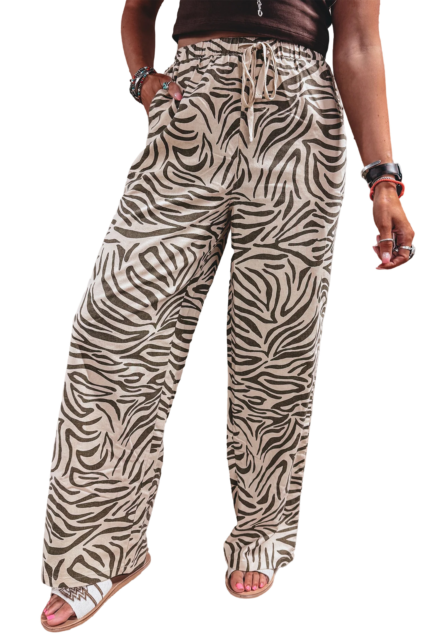 Women's Zebra Print Pants, Western Style Wide Leg Trousers - Main View