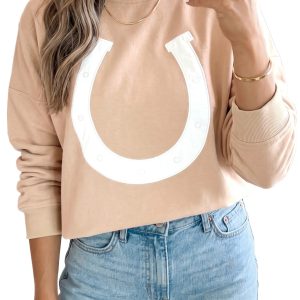 Women's Western Horseshoe Sweatshirt, Parchment Graphic Top - Main View