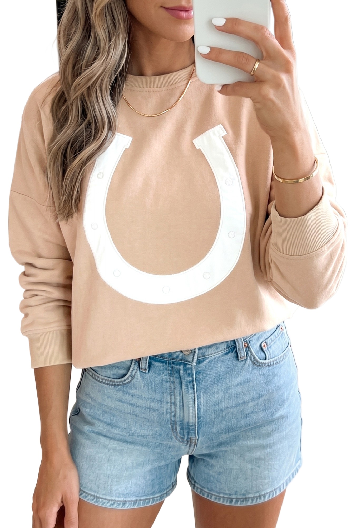 Women's Western Horseshoe Sweatshirt, Parchment Graphic Top - Main View