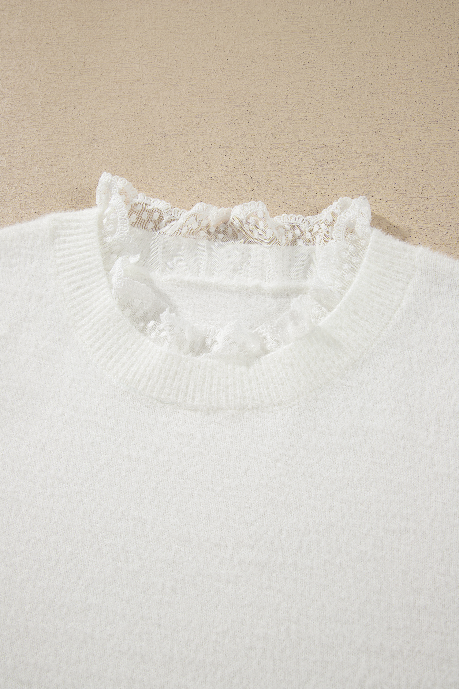 White Lace Trim Sweater, Casual Knit Pullover for Women - Detail View 13
