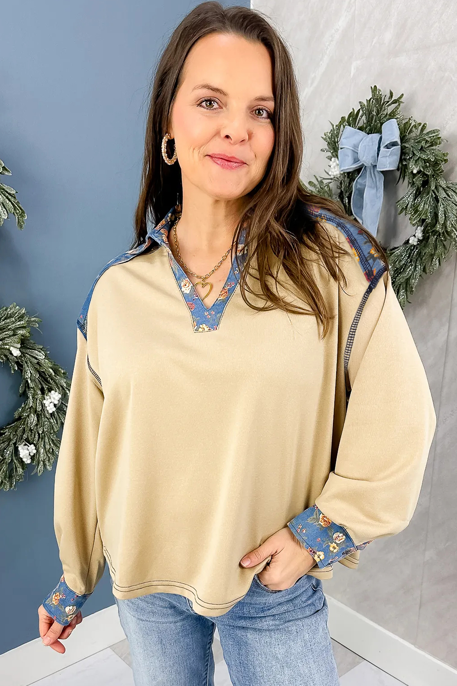 Women's Long Sleeve Shift Top, Casual Fall Floral Blouse - Detail View 3
