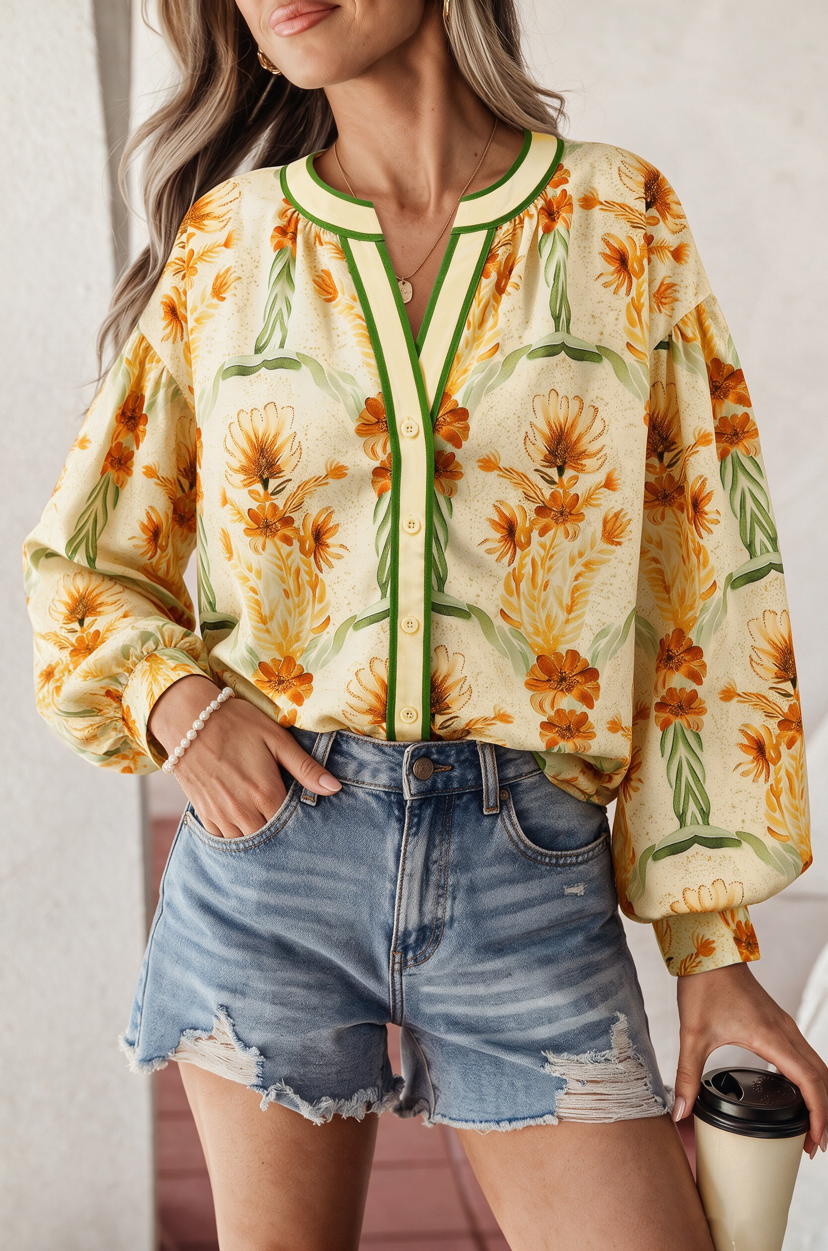 Yellow Floral Print Blouse, Casual Long Sleeve V Neck Shirt - Detail View 5