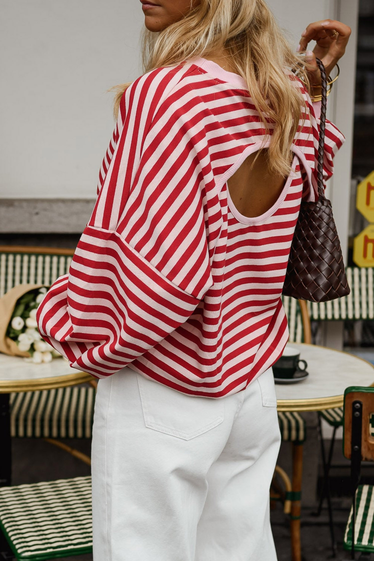 Women's Striped Cutout Back Top, Casual Loose Fall Shirt - Detail View 7