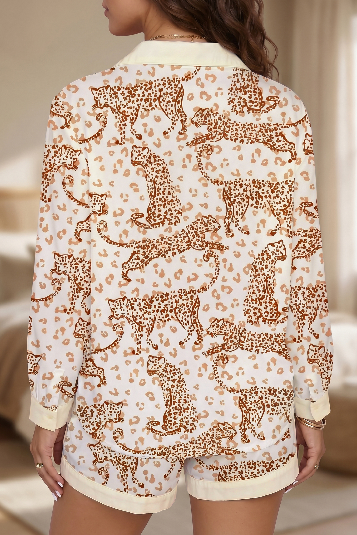 Leopard Print Button Down Lounge Set, Casual Women's Pajamas - Detail View 2