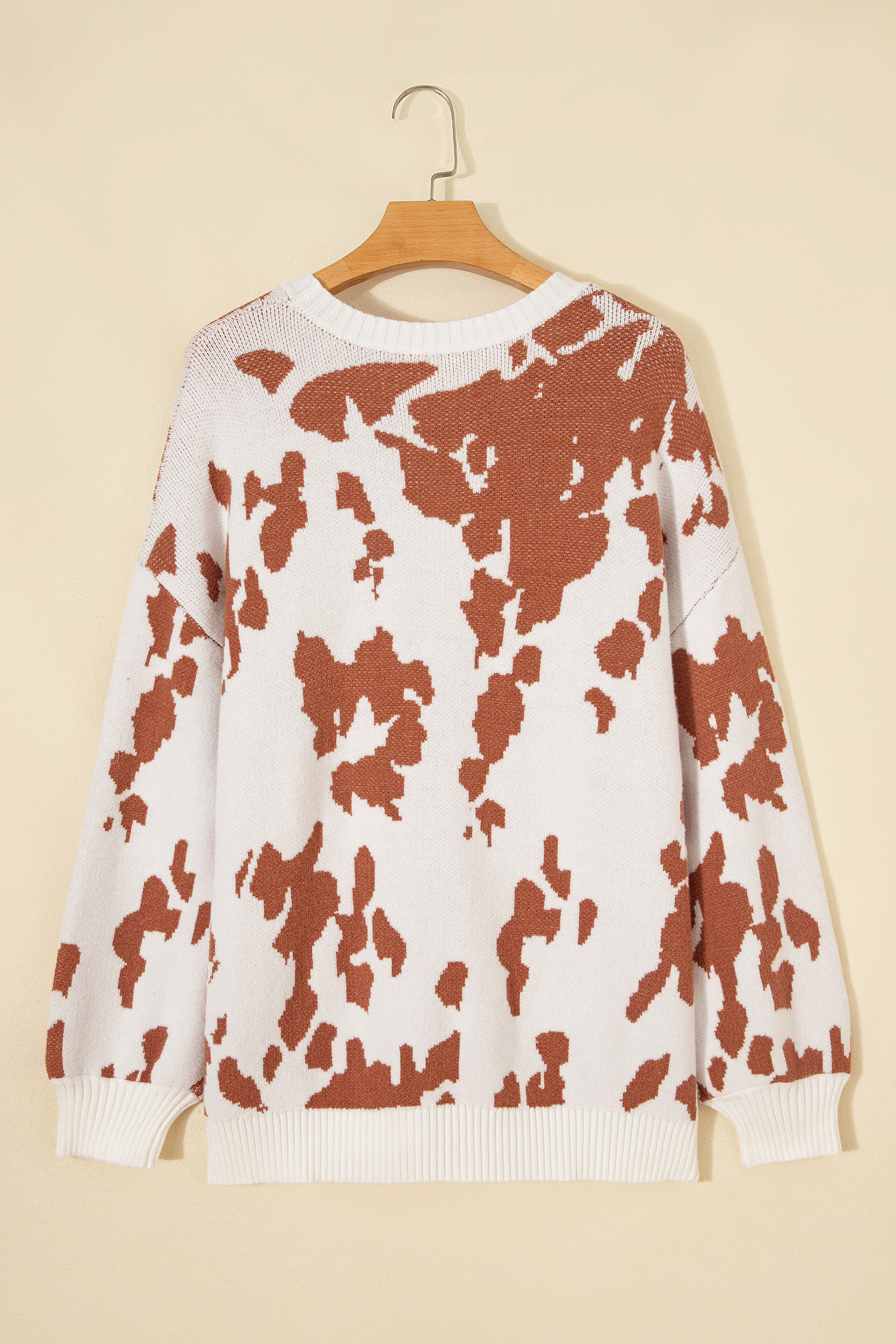 Casual Drop Shoulder Sweater, Women's Khaki Abstract Knit - Detail View 8